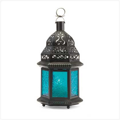Blue Glass Candle Lantern 8"
