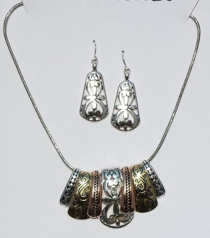 Multi color (Brass, Copper & Silver) colored  metal filagree tribal necklace set