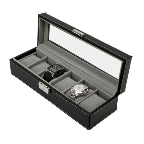 Watch Box 6 Black Leather Display Glass Top Jewelry Case Organizer w/ Lock