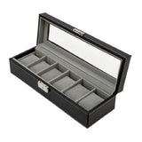 Watch Box 6 Black Leather Display Glass Top Jewelry Case Organizer w/ Lock